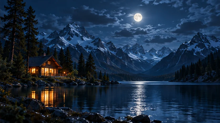 Illustrative mountain lake at blue hour with warm cabin lights