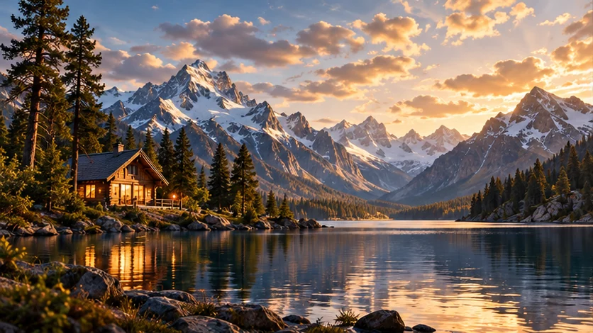 Illustrative version of the mountain lake in warm daylight