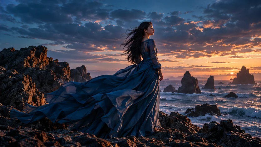 A woman in a flowing blue dress overlooking the sea at dusk