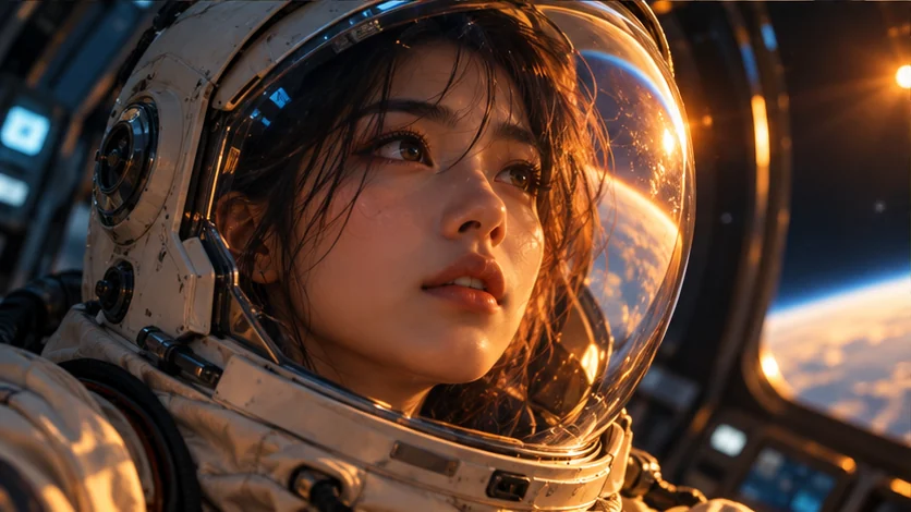 Close-up portrait of an astronaut with amber and blue light