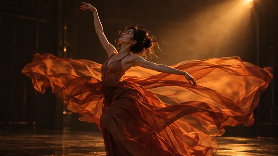 A dancer with flowing burnt-orange fabric under warm stage light