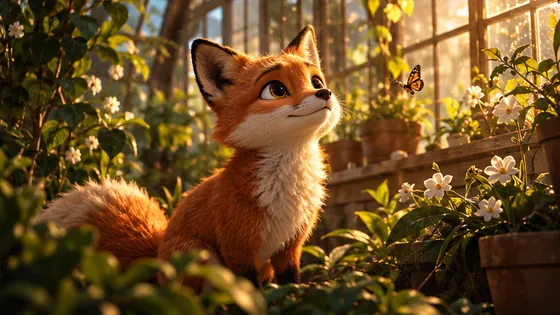 Original animated fox surrounded by greenhouse flowers