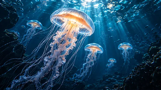 Translucent jellyfish under beams of turquoise underwater light