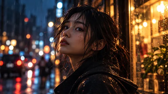 Cinematic portrait under warm rainy-night lighting