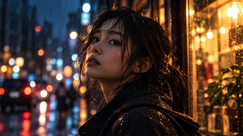 Cinematic rainy-night portrait